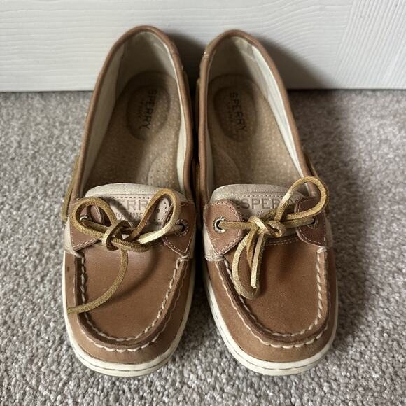 Sperry Angelfish Top Sider Metallic Leather & Linen Tan Boat Shoes Womens 6 - Picture 1 of 13